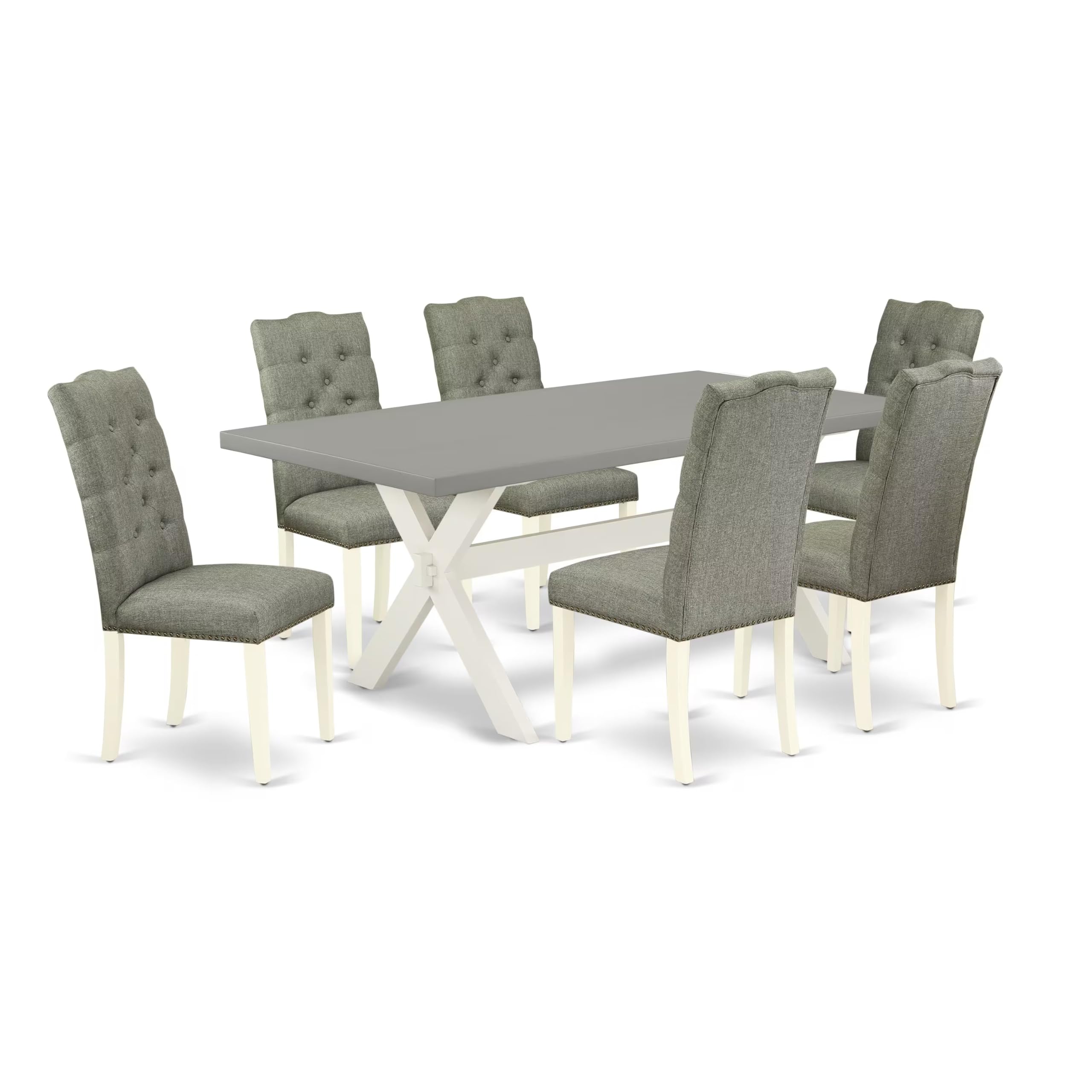 East West Furniture X097El207-7 7 Piece Dining Room Table Set Consist Of A Rectangle Kitchen Table With X-Legs And 6 Gray Linen Fabric Parson Dining Chairs, 40X72 Inch, Multi-Color